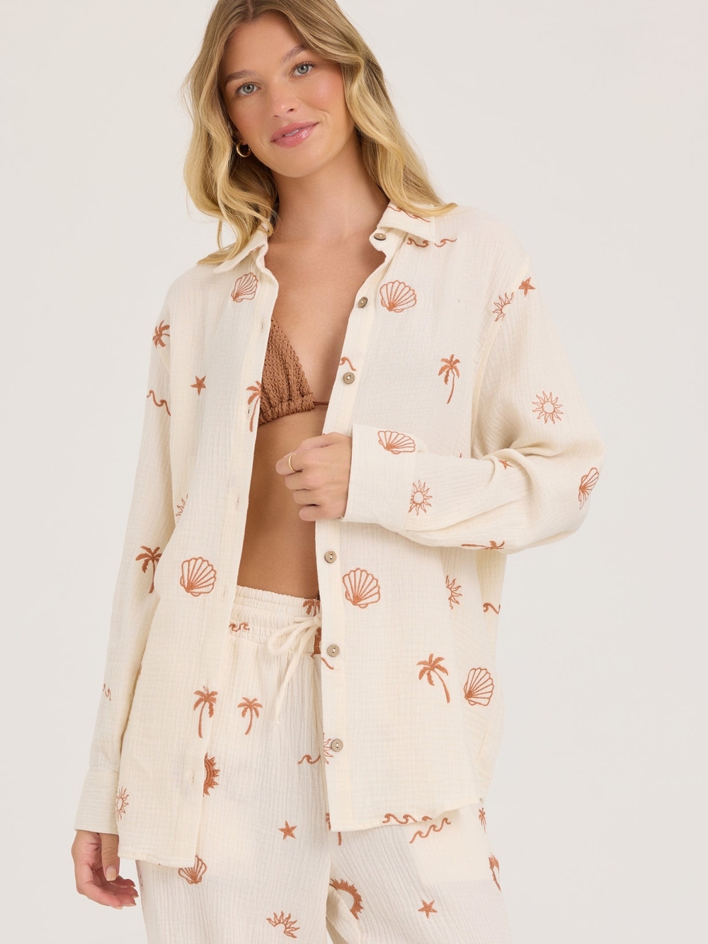 Ocean Drive Gauze Button Up With All Over Embroidery Sand with Caramel